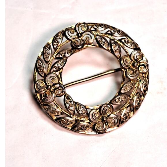 Vintage Sterling Silver Classic Circle Wreath Brooch Made in Germany Flower Leaf - Picture 1 of 4